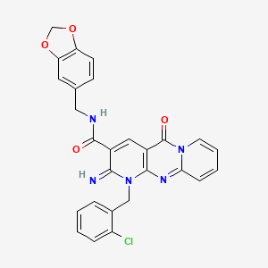 molecular formula C27H20ClN5O4 B12207633 N-(1,3-benzodioxol-5-ylmethyl)-7-[(2-chlorophenyl)methyl]-6-imino-2-oxo-1,7,9-triazatricyclo[8.4.0.03,8]tetradeca-3(8),4,9,11,13-pentaene-5-carboxamide 