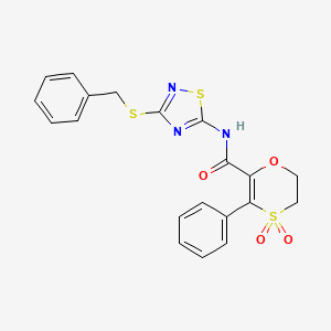 molecular formula C20H17N3O4S3 B12208349 N-[3-(benzylsulfanyl)-1,2,4-thiadiazol-5-yl]-3-phenyl-5,6-dihydro-1,4-oxathiine-2-carboxamide 4,4-dioxide 