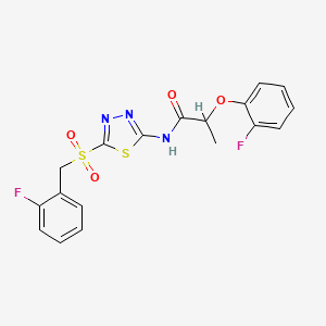 molecular formula C18H15F2N3O4S2 B12208467 N-(5-((2-fluorobenzyl)sulfonyl)-1,3,4-thiadiazol-2-yl)-2-(2-fluorophenoxy)propanamide 