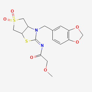 molecular formula C16H18N2O6S2 B12209127 N-[(2E)-3-(1,3-benzodioxol-5-ylmethyl)-5,5-dioxidotetrahydrothieno[3,4-d][1,3]thiazol-2(3H)-ylidene]-2-methoxyacetamide 
