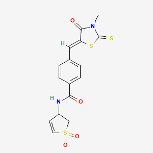 molecular formula C16H14N2O4S3 B12209281 N-(1,1-dioxido-2,3-dihydrothiophen-3-yl)-4-[(Z)-(3-methyl-4-oxo-2-thioxo-1,3-thiazolidin-5-ylidene)methyl]benzamide 