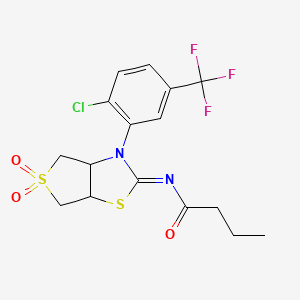 molecular formula C16H16ClF3N2O3S2 B12209386 N-[(2Z)-3-[2-chloro-5-(trifluoromethyl)phenyl]-5,5-dioxidotetrahydrothieno[3,4-d][1,3]thiazol-2(3H)-ylidene]butanamide 