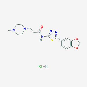 molecular formula C17H22ClN5O3S B122094 1-Piperazinepropanamide, N-(5-(1,3-benzodioxol-5-yl)-1,3,4-thiadiazol-2-yl)-4-methyl-, monohydrochloride CAS No. 154663-28-2