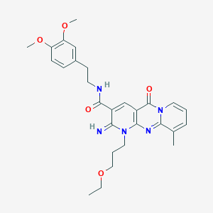 molecular formula C28H33N5O5 B12209412 N-[2-(3,4-dimethoxyphenyl)ethyl]-7-(3-ethoxypropyl)-6-imino-11-methyl-2-oxo-1,7,9-triazatricyclo[8.4.0.03,8]tetradeca-3(8),4,9,11,13-pentaene-5-carboxamide 