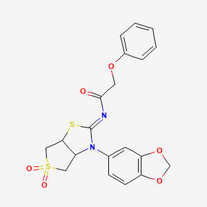molecular formula C20H18N2O6S2 B12209634 N-[(2Z)-3-(1,3-benzodioxol-5-yl)-5,5-dioxidotetrahydrothieno[3,4-d][1,3]thiazol-2(3H)-ylidene]-2-phenoxyacetamide 