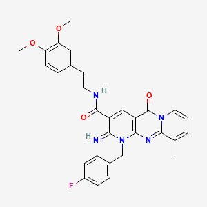 molecular formula C30H28FN5O4 B12209995 N-[2-(3,4-dimethoxyphenyl)ethyl]-7-[(4-fluorophenyl)methyl]-6-imino-11-methyl-2-oxo-1,7,9-triazatricyclo[8.4.0.03,8]tetradeca-3(8),4,9,11,13-pentaene-5-carboxamide 