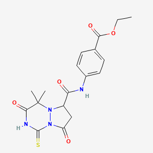 molecular formula C18H20N4O5S B12215240 ethyl 4-{[(4,4-dimethyl-3,8-dioxo-1-sulfanyl-3,4,7,8-tetrahydro-6H-pyrazolo[1,2-a][1,2,4]triazin-6-yl)carbonyl]amino}benzoate 