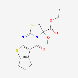 molecular formula C14H14N2O4S2 B12215806 Ethyl 6-hydroxy-8-oxo-4,15-dithia-2,7-diazatetracyclo[7.6.0.0^{3,7}.0^{10,14}]pentadeca-1(9),2,10(14)-triene-6-carboxylate 