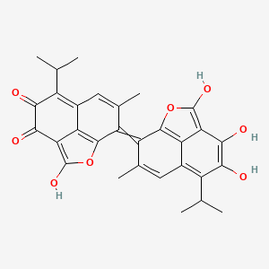 molecular formula C30H26O8 B1221734 3-Hydroxy-10-methyl-7-propan-2-yl-11-(3,5,6-trihydroxy-10-methyl-7-propan-2-yl-2-oxatricyclo[6.3.1.04,12]dodeca-1(12),3,5,7,9-pentaen-11-ylidene)-2-oxatricyclo[6.3.1.04,12]dodeca-1(12),3,7,9-tetraene-5,6-dione 