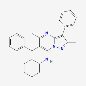 molecular formula C27H30N4 B12217553 6-benzyl-N-cyclohexyl-2,5-dimethyl-3-phenylpyrazolo[1,5-a]pyrimidin-7-amine 