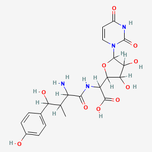 molecular formula C21H26N4O10 B1221831 2-[[2-amino-4-hydroxy-4-(4-hydroxyphenyl)-3-methylbutanoyl]amino]-2-[5-(2,4-dioxopyrimidin-1-yl)-3,4-dihydroxyoxolan-2-yl]acetic acid CAS No. 74342-20-4