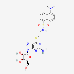 molecular formula C24H29N7O6S2 B1221895 N-(2-((2-Amino-9-((2R,3R,4S,5R)-3,4-dihydroxy-5-(hydroxymethyl)tetrahydrofuran-2-yl)-9H-purin-6-yl)thio)ethyl)-5-(dimethylamino)naphthalene-1-sulfonamide CAS No. 75501-09-6