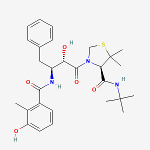 molecular formula C28H37N3O5S B1221938 4-Thiazolidinecarboxamide, N-(1,1-dimethylethyl)-3-((2S,3S)-2-hydroxy-3-((3-hydroxy-2-methylbenzoyl)amino)-1-oxo-4-phenylbutyl)-5,5-dimethyl-,(4R)- CAS No. 186537-85-9