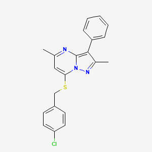 molecular formula C21H18ClN3S B12220221 7-[(4-Chlorobenzyl)sulfanyl]-2,5-dimethyl-3-phenylpyrazolo[1,5-a]pyrimidine 