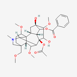 molecular formula C33H45NO10 B1222223 [(2R,3R,5R,8R,10R,17R)-8-acetyloxy-5,7-dihydroxy-6,16,18-trimethoxy-13-(methoxymethyl)-11-methyl-11-azahexacyclo[7.7.2.12,5.01,10.03,8.013,17]nonadecan-4-yl] benzoate 