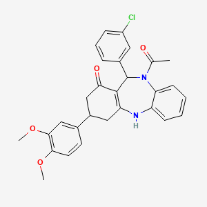 molecular formula C29H27ClN2O4 B12222252 5-acetyl-6-(3-chlorophenyl)-9-(3,4-dimethoxyphenyl)-8,9,10,11-tetrahydro-6H-benzo[b][1,4]benzodiazepin-7-one 