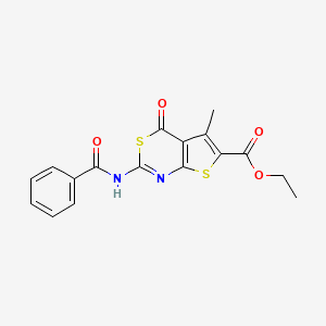molecular formula C17H14N2O4S2 B12222496 Ethyl 5-methyl-4-oxo-2-(phenylcarbonylamino)thiopheno[2,3-d]1,3-thiazine-6-car boxylate 