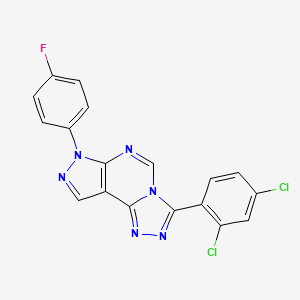 molecular formula C18H9Cl2FN6 B12223263 5-(2,4-Dichlorophenyl)-10-(4-fluorophenyl)-3,4,6,8,10,11-hexaazatricyclo[7.3.0.0^{2,6}]dodeca-1(9),2,4,7,11-pentaene 