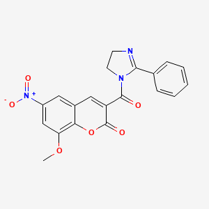 molecular formula C20H15N3O6 B1222333 8-Methoxy-6-nitro-3-[oxo-(2-phenyl-4,5-dihydroimidazol-1-yl)methyl]-1-benzopyran-2-one 