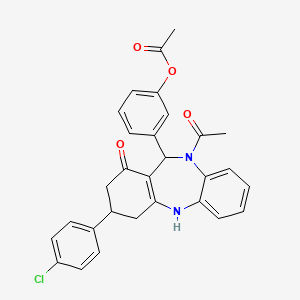 molecular formula C29H25ClN2O4 B12223393 3-[10-acetyl-3-(4-chlorophenyl)-1-hydroxy-3,4,10,11-tetrahydro-2H-dibenzo[b,e][1,4]diazepin-11-yl]phenyl acetate 