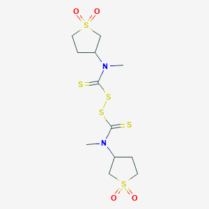 molecular formula C12H20N2O4S6 B12224107 3-[({[(1,1-Dioxidotetrahydrothiophen-3-yl)(methyl)carbamothioyl]disulfanyl}carbonothioyl)(methyl)amino]tetrahydrothiophene 1,1-dioxide 