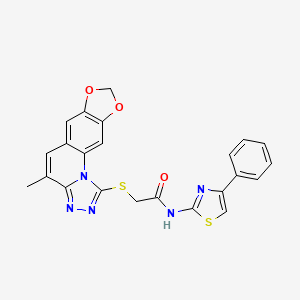 molecular formula C23H17N5O3S2 B1222511 2-[(7-methyl-12,14-dioxa-2,4,5-triazatetracyclo[7.7.0.02,6.011,15]hexadeca-1(16),3,5,7,9,11(15)-hexaen-3-yl)sulfanyl]-N-(4-phenyl-1,3-thiazol-2-yl)acetamide 