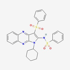 molecular formula C28H26N4O4S2 B1222527 N-[3-(benzenesulfonyl)-1-cyclohexyl-2-pyrrolo[3,2-b]quinoxalinyl]benzenesulfonamide 