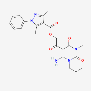 molecular formula C23H27N5O5 B1222541 3,5-Dimethyl-1-phenyl-4-pyrazolecarboxylic acid [2-[4-amino-1-methyl-3-(2-methylpropyl)-2,6-dioxo-5-pyrimidinyl]-2-oxoethyl] ester 