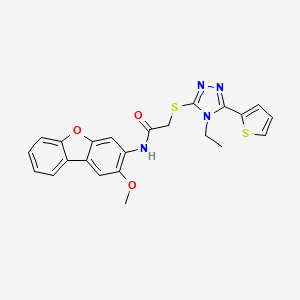 molecular formula C23H20N4O3S2 B1223155 2-[(4-ethyl-5-thiophen-2-yl-1,2,4-triazol-3-yl)thio]-N-(2-methoxy-3-dibenzofuranyl)acetamide 