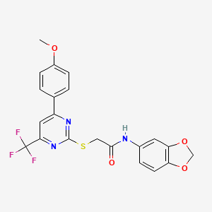 molecular formula C21H16F3N3O4S B1223253 N-(1,3-benzodioxol-5-yl)-2-[[4-(4-methoxyphenyl)-6-(trifluoromethyl)-2-pyrimidinyl]thio]acetamide 