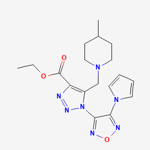molecular formula C18H23N7O3 B1223267 5-[(4-Methyl-1-piperidinyl)methyl]-1-[4-(1-pyrrolyl)-1,2,5-oxadiazol-3-yl]-4-triazolecarboxylic acid ethyl ester 