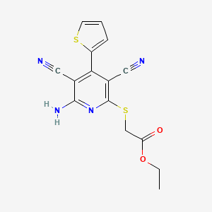 molecular formula C15H12N4O2S2 B1223377 2-[(6-Amino-3,5-dicyano-4-thiophen-2-yl-2-pyridinyl)thio]acetic acid ethyl ester 