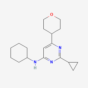 molecular formula C18H27N3O B12233827 N-cyclohexyl-2-cyclopropyl-6-(oxan-4-yl)pyrimidin-4-amine 