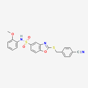 molecular formula C22H17N3O4S2 B1223462 2-[(4-cyanophenyl)methylthio]-N-(2-methoxyphenyl)-1,3-benzoxazole-5-sulfonamide 