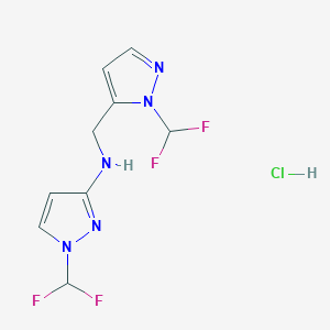 molecular formula C9H10ClF4N5 B12234764 1-(difluoromethyl)-N-[[2-(difluoromethyl)pyrazol-3-yl]methyl]pyrazol-3-amine;hydrochloride 