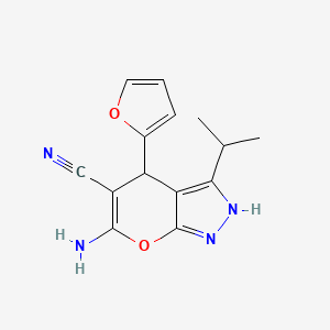 molecular formula C14H14N4O2 B1223556 6-Amino-4-(2-furanyl)-3-propan-2-yl-2,4-dihydropyrano[2,3-c]pyrazole-5-carbonitrile 
