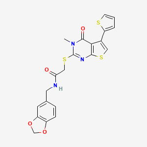 molecular formula C21H17N3O4S3 B1223685 N-(1,3-benzodioxol-5-ylmethyl)-2-(3-methyl-4-oxo-5-thiophen-2-ylthieno[2,3-d]pyrimidin-2-yl)sulfanylacetamide 