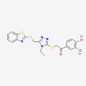 molecular formula C20H18N4O3S3 B1223686 2-[[5-[(1,3-Benzothiazol-2-ylthio)methyl]-4-ethyl-1,2,4-triazol-3-yl]thio]-1-(3,4-dihydroxyphenyl)ethanone 