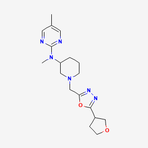 molecular formula C18H26N6O2 B12238727 N,5-dimethyl-N-(1-{[5-(oxolan-3-yl)-1,3,4-oxadiazol-2-yl]methyl}piperidin-3-yl)pyrimidin-2-amine 