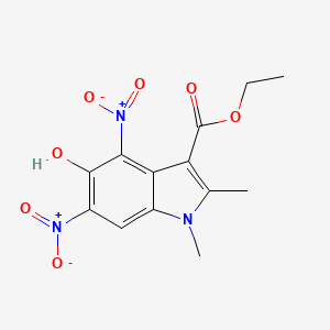 molecular formula C13H13N3O7 B1224178 5-Hydroxy-1,2-dimethyl-4,6-dinitro-3-indolecarboxylic acid ethyl ester 