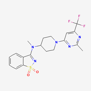 molecular formula C19H20F3N5O2S B12242236 N-methyl-N-[1-[2-methyl-6-(trifluoromethyl)pyrimidin-4-yl]piperidin-4-yl]-1,1-dioxo-1,2-benzothiazol-3-amine 