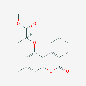molecular formula C18H20O5 B1224247 2-[(3-Methyl-6-oxo-7,8,9,10-tetrahydrobenzo[c][1]benzopyran-1-yl)oxy]propanoic acid methyl ester 