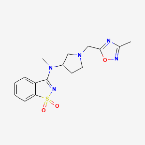 molecular formula C16H19N5O3S B12242593 N-methyl-N-[1-[(3-methyl-1,2,4-oxadiazol-5-yl)methyl]pyrrolidin-3-yl]-1,1-dioxo-1,2-benzothiazol-3-amine 