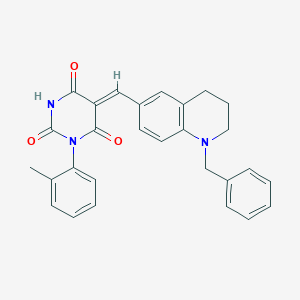 molecular formula C28H25N3O3 B1224301 (5Z)-5-[(1-benzyl-3,4-dihydro-2H-quinolin-6-yl)methylidene]-1-(2-methylphenyl)-1,3-diazinane-2,4,6-trione 