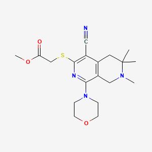 molecular formula C19H26N4O3S B1224561 2-[[4-Cyano-6,6,7-trimethyl-1-(4-morpholinyl)-5,8-dihydro-2,7-naphthyridin-3-yl]thio]acetic acid methyl ester 