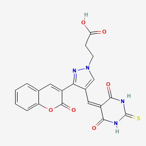 molecular formula C20H14N4O6S B1224604 3-[4-[(4,6-Dioxo-2-sulfanylidene-1,3-diazinan-5-ylidene)methyl]-3-(2-oxo-1-benzopyran-3-yl)-1-pyrazolyl]propanoic acid 