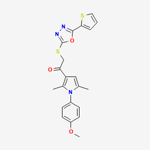 molecular formula C21H19N3O3S2 B1224636 1-[1-(4-Methoxyphenyl)-2,5-dimethyl-3-pyrrolyl]-2-[(5-thiophen-2-yl-1,3,4-oxadiazol-2-yl)thio]ethanone 