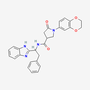 molecular formula C28H26N4O4 B1224696 N-[1-(1H-benzimidazol-2-yl)-2-phenylethyl]-1-(2,3-dihydro-1,4-benzodioxin-6-yl)-5-oxo-3-pyrrolidinecarboxamide 
