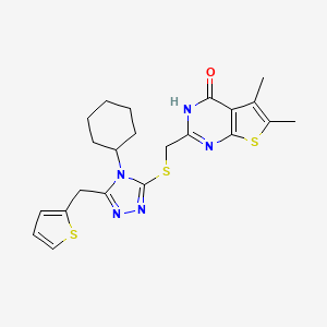 molecular formula C22H25N5OS3 B1224840 2-[[[4-cyclohexyl-5-(thiophen-2-ylmethyl)-1,2,4-triazol-3-yl]thio]methyl]-5,6-dimethyl-3H-thieno[2,3-d]pyrimidin-4-one 