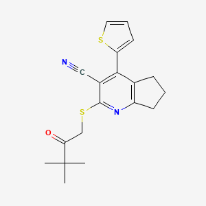 molecular formula C19H20N2OS2 B1224992 2-[(3,3-dimethyl-2-oxobutyl)thio]-4-thiophen-2-yl-6,7-dihydro-5H-cyclopenta[b]pyridine-3-carbonitrile 